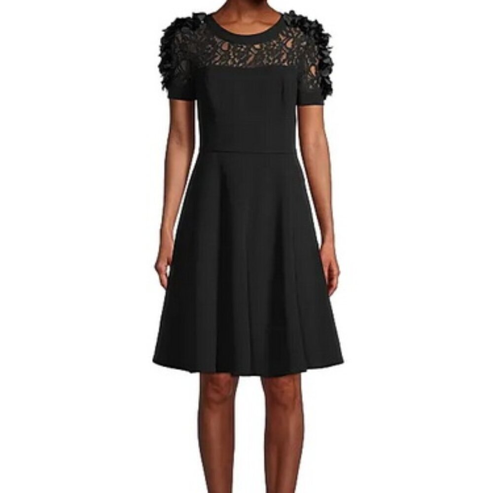 Shani Black Floral Applique Fit-&-Flare Crepe Dress